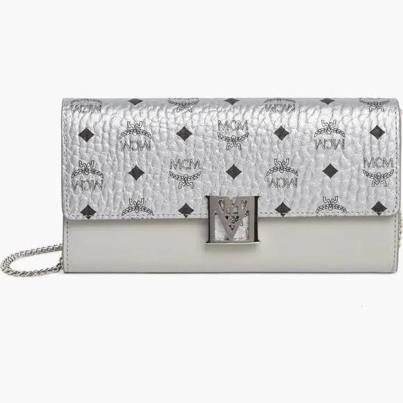 MCM Metallic Silver and White Clutch - Picture 1 of 6
